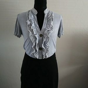MINKPINK grey &white s/s button up ruffle shirt